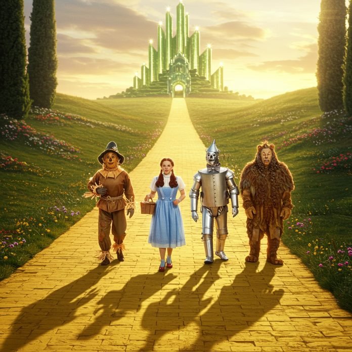 Wizard,Of,Oz,Yellow,Brick,Road,With,Characters,Walking,Towards